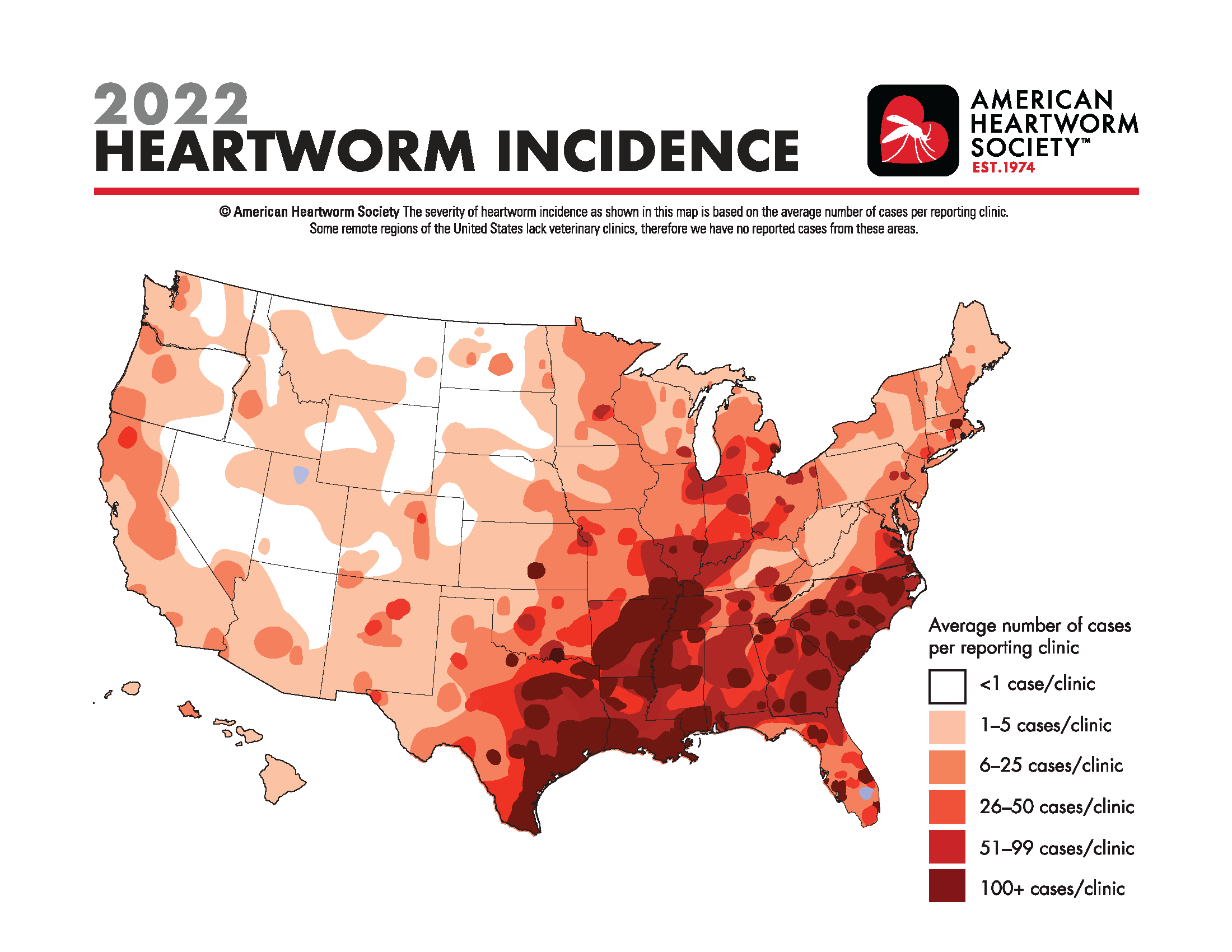 A map of the United States showing the incidence of heartworm cases in 2022, with varying shades of red indicating the average number of cases per reporting clinic. Darker shades represent higher numbers of cases, with the highest concentration in the southeastern states. The map is provided by the American Heartworm Society.